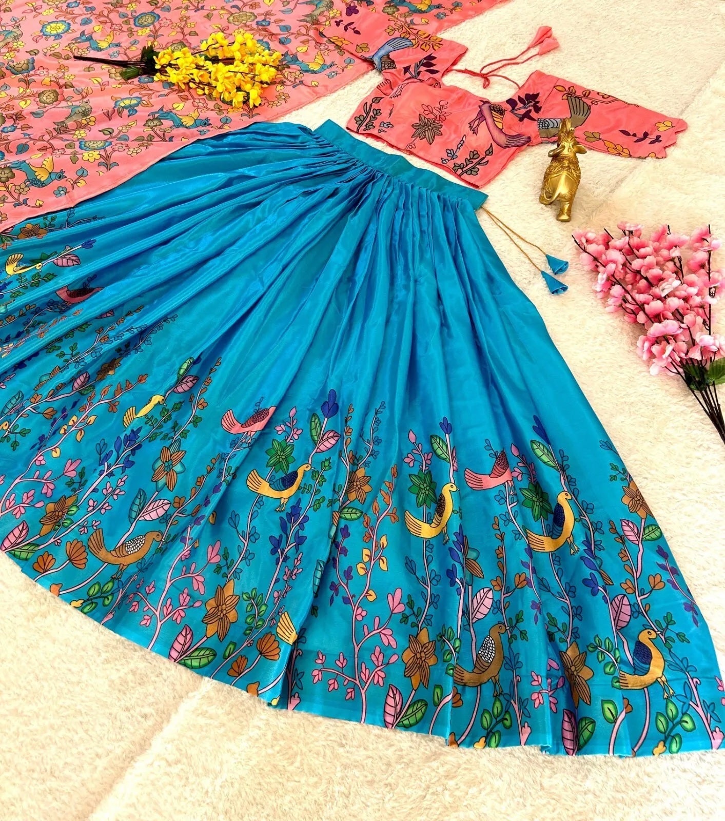 Soft Chinon Silk, Kalamkari Printed Work Lehenga Blouse With Dupatta image 3