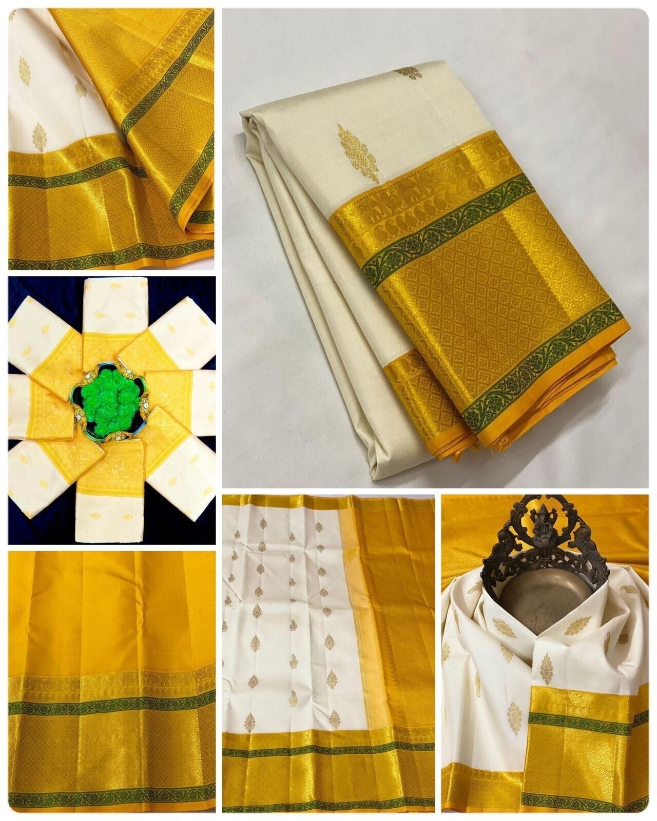 Yellow and White Soft Lichi Silk Saree image 7