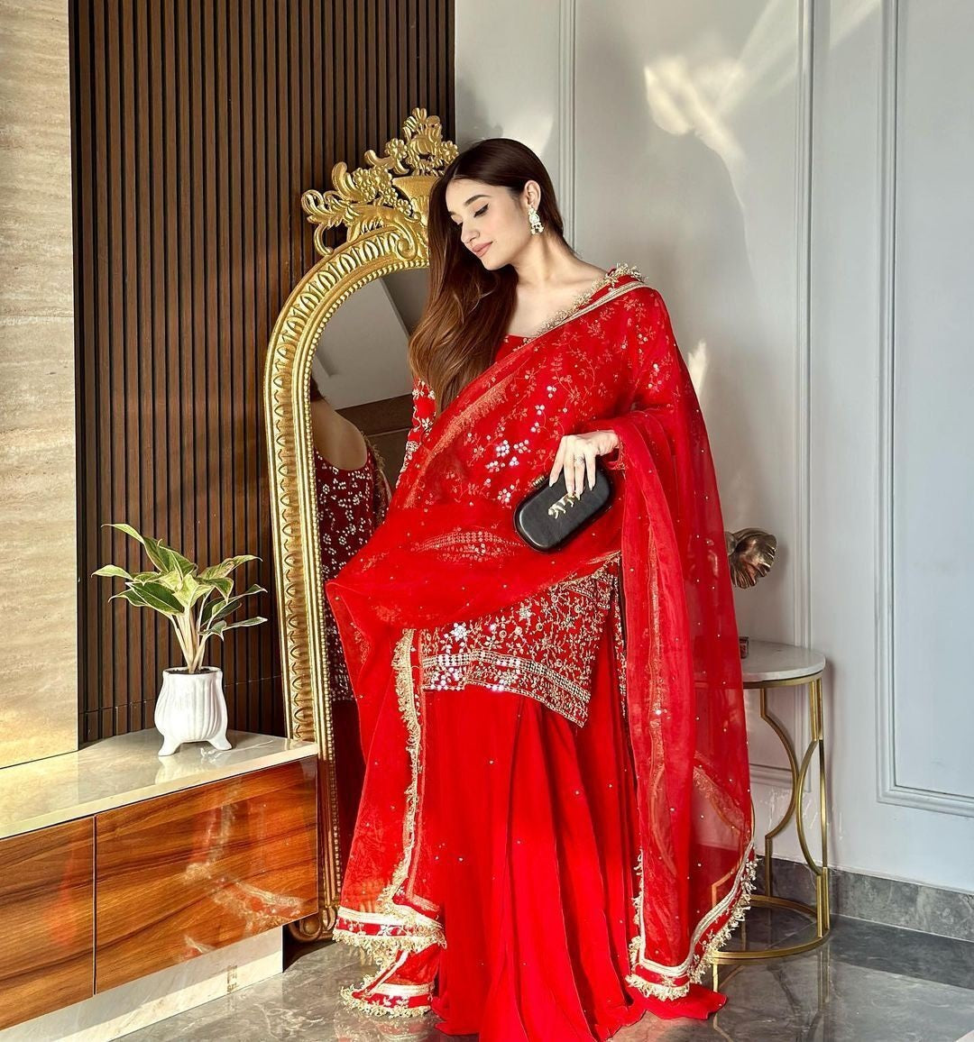 Red Blooming Georgette With Embroidery Work Top Bottom & Dupatta image 2