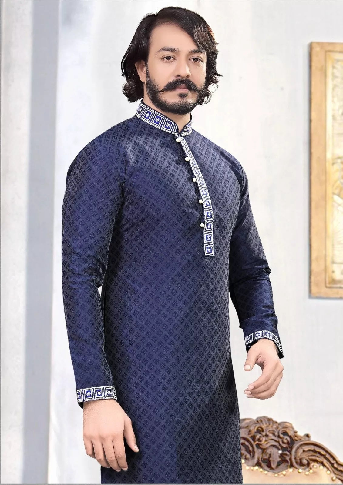 Navy Blue Pure Silk Jequard Embroidery Work Men's Kurta image 2