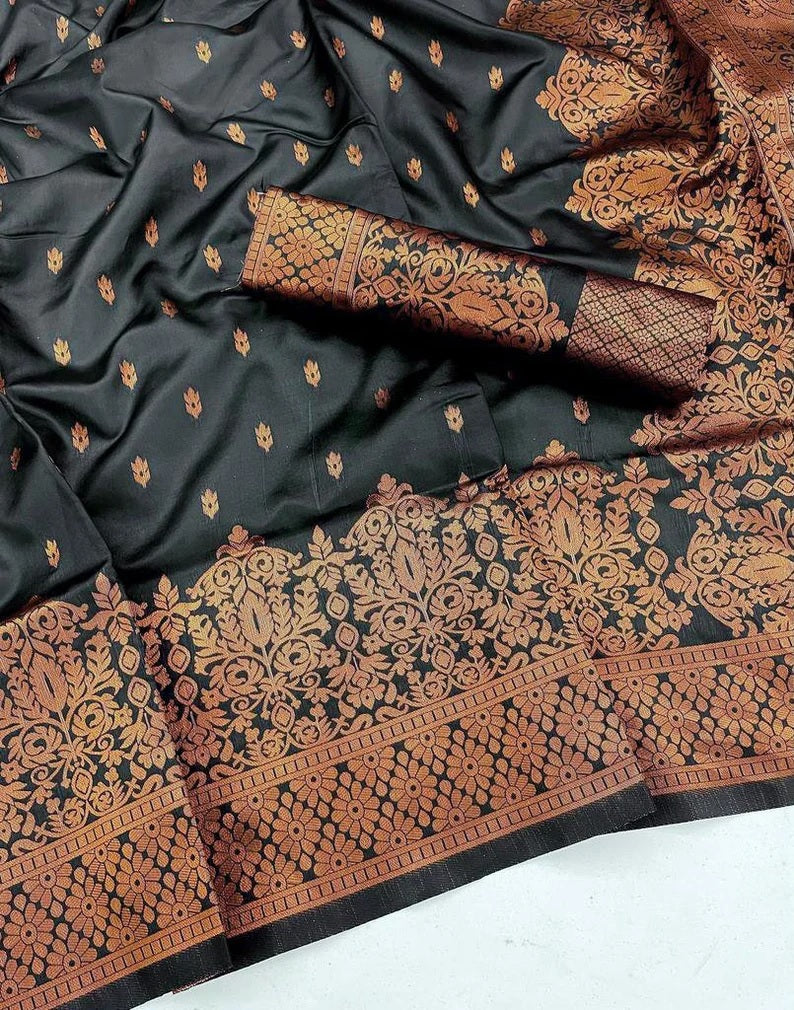 Black Soft Lichi Silk Saree image 7