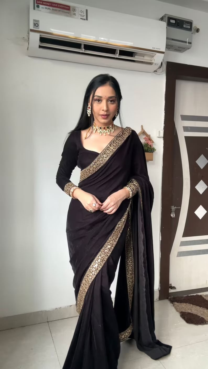 Pure Velvet With Embroidery Border Ready To Wear Saree image 7