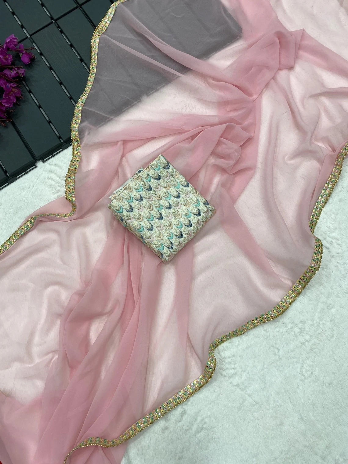 Plain Smooth Georgette Saree With Embroidery Work Blouse image 7
