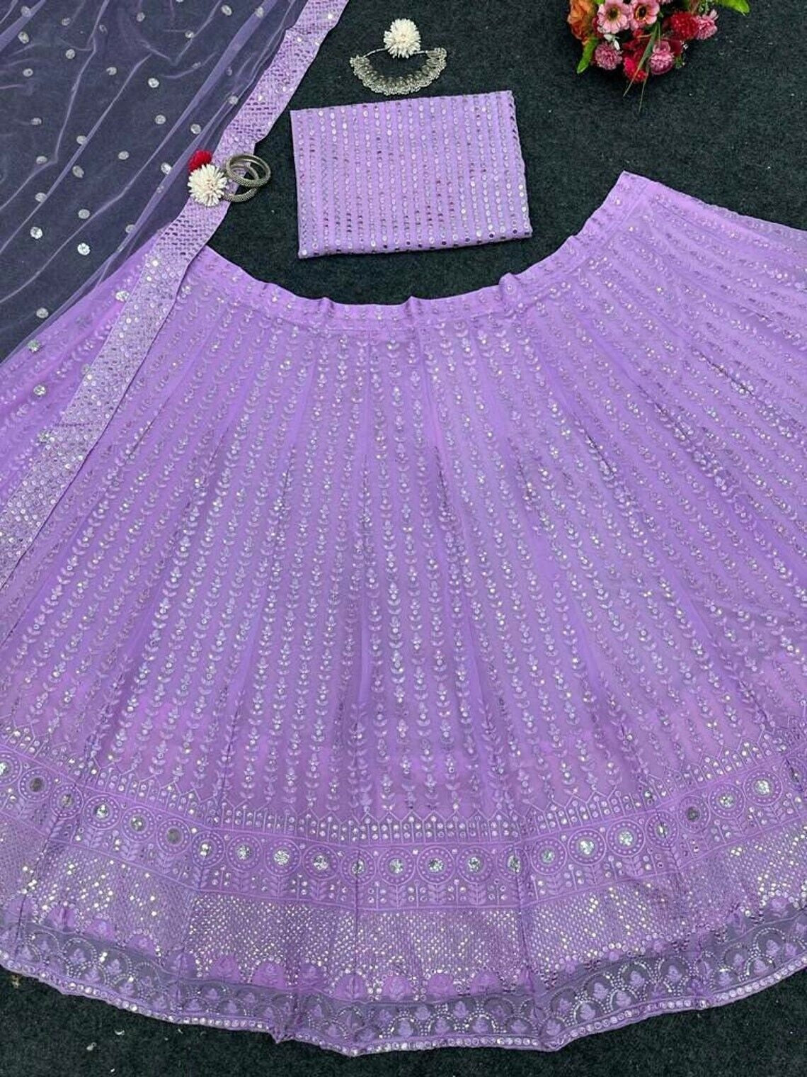 Butterfly Net With Embroidery Foil Mirror Work Lehenga Choli With Dupatta image 7