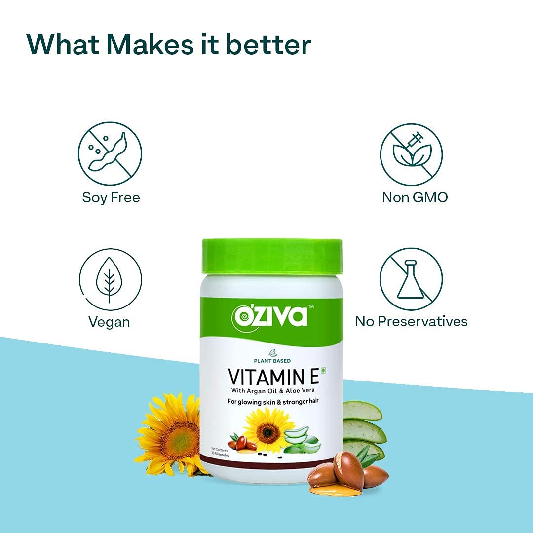 OZiva Plant Based Natural Vitamin E (With Argan oil + Aloe vera) - 30 Veg Capsules image 7