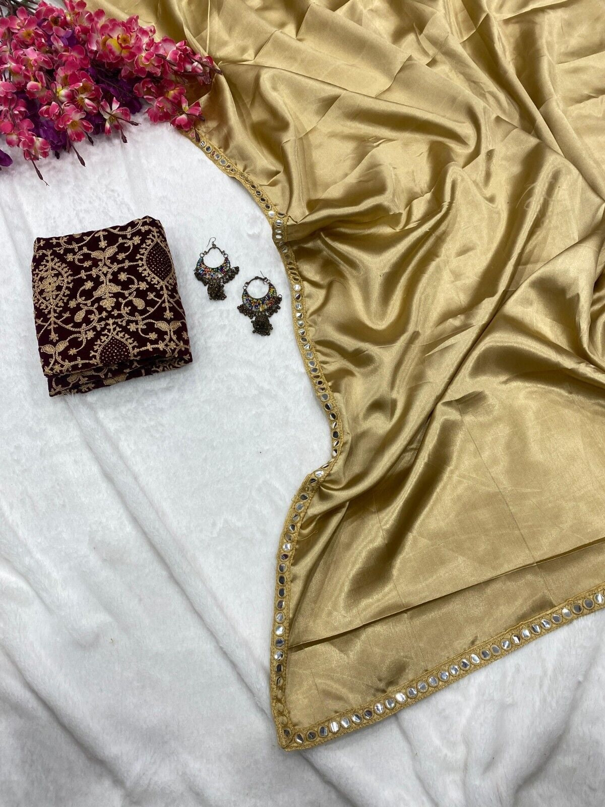 Japan Satin With Beautiful Mirror Lace Border Saree With Blouse image 3
