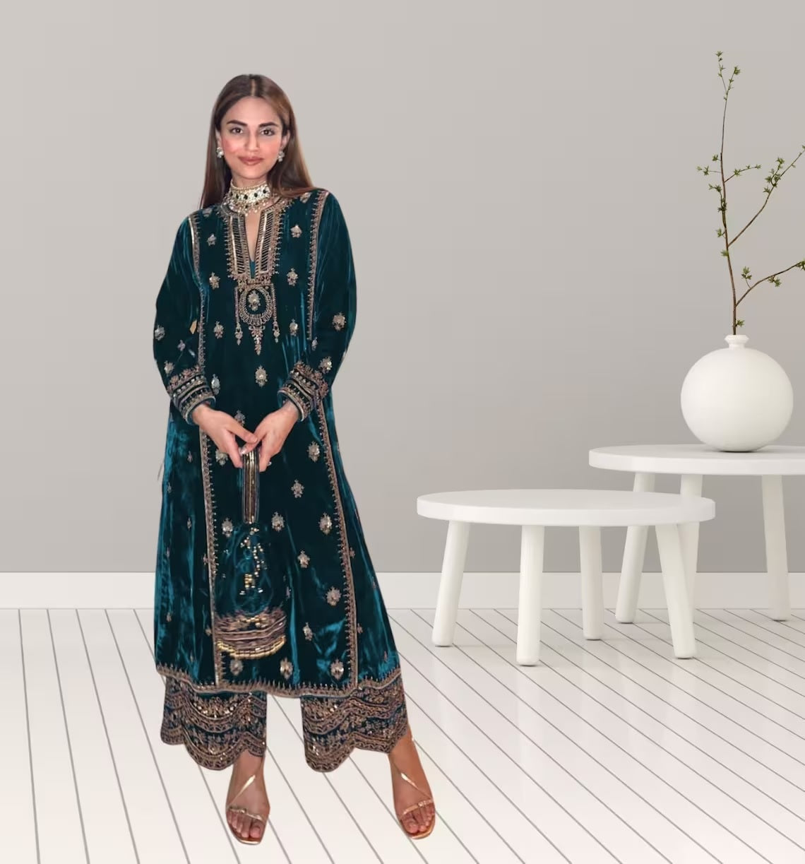 Pure Viscose Velvet Embroidery Sequence Work Top Bottom Dupatta image 7