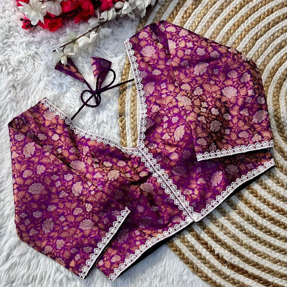 Banaras Silk Blouse Golden And Silver Jari Blouse, Ready Made Blouse image 7