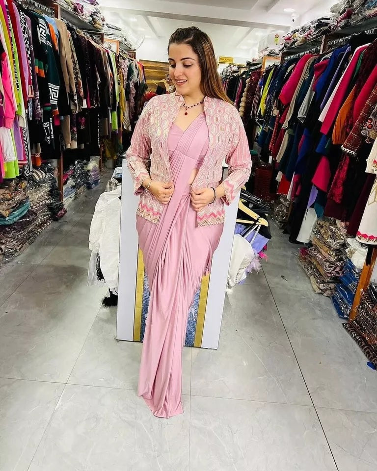 Light Pink Heavy Diamond Silk Ready To Wear Saree Blouse With Jacket image 3