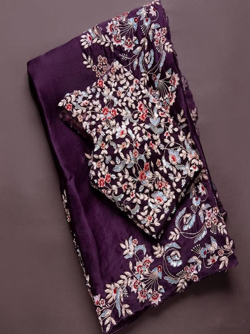 Eggplant Color Rangoli Silk Embroidery Work Saree image 8