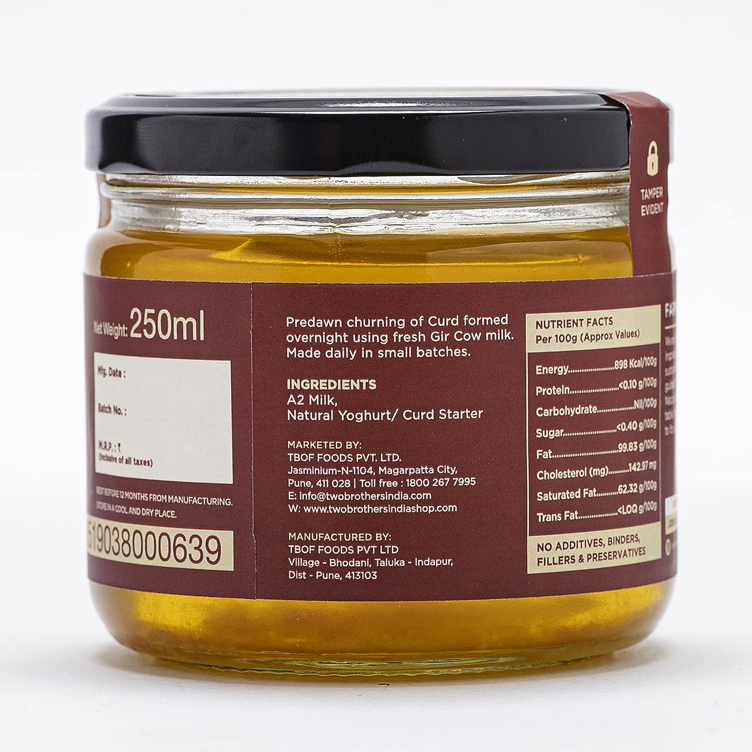 Two Brothers Organic Farms A2 Gir Cow Cultured Ghee - 250 ml image 9