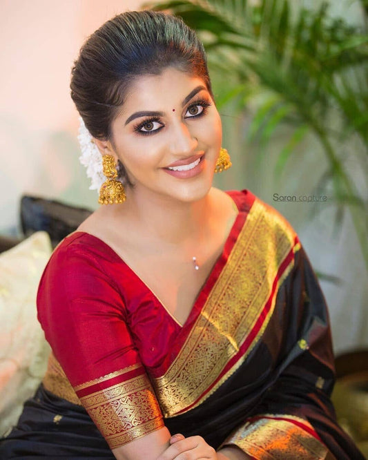 Black Banarsi Soft Silk Saree With Unstitched Blouse image 1