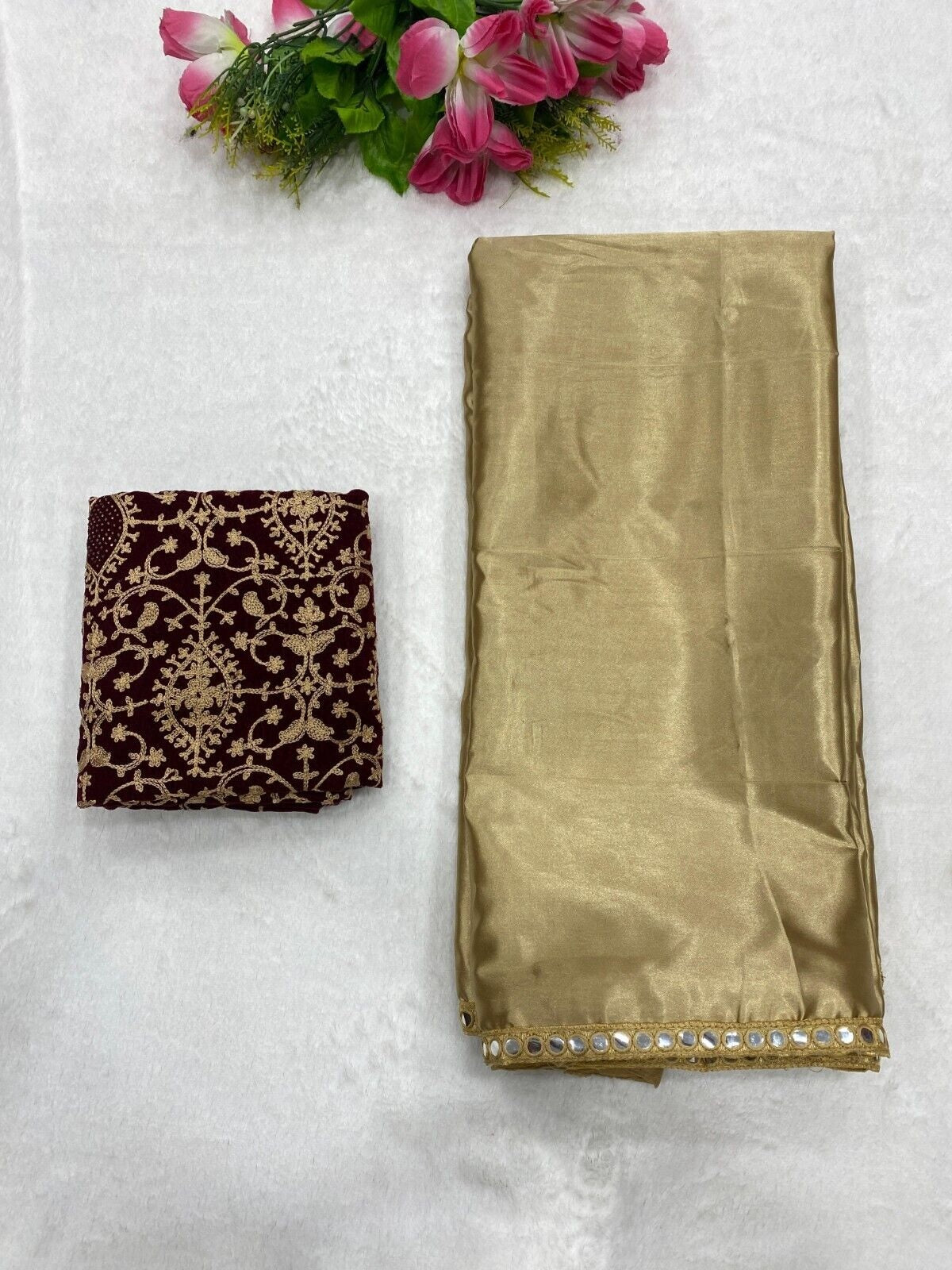 Japan Satin With Beautiful Mirror Lace Border Saree With Blouse image 2