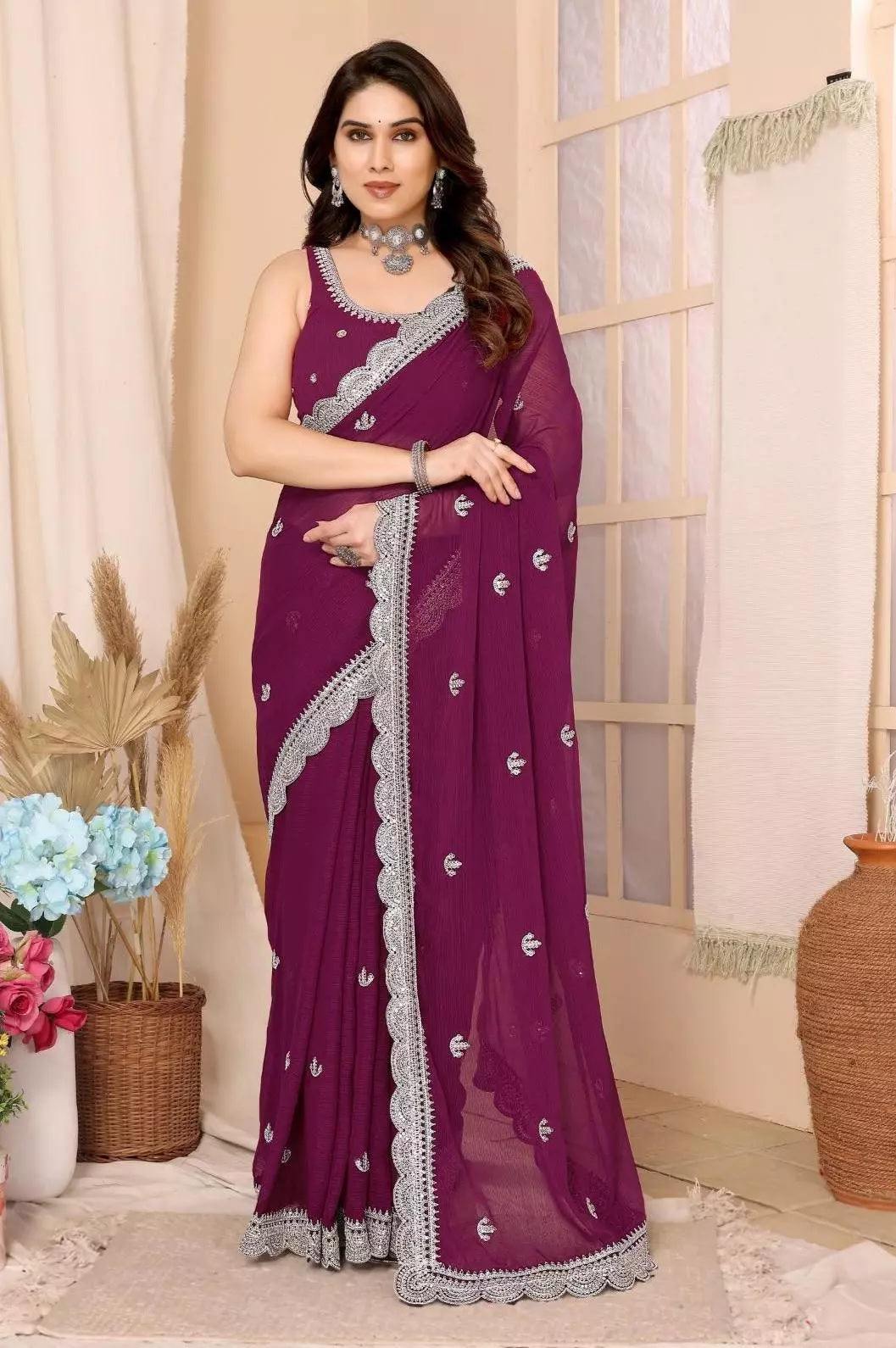 NavyBlue Ethnic Traditional Party Zomato Chiffon Silk Saree Women image 10
