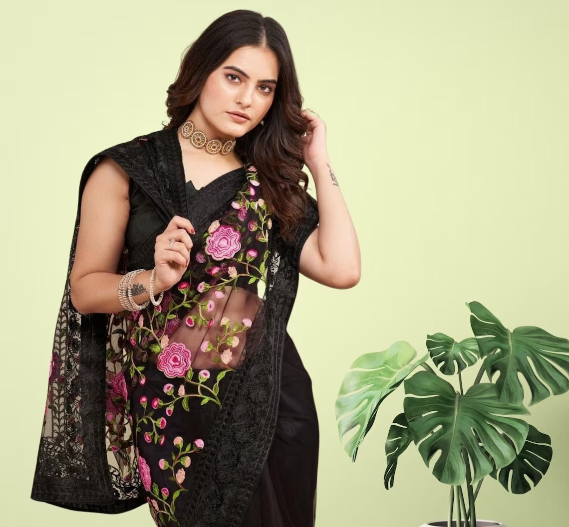 Soft Net Chikankari Embroidery Design Saree With Blouse image 8