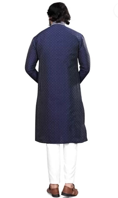 Navy Blue Pure Silk Jequard Embroidery Work Men's Kurta image 3