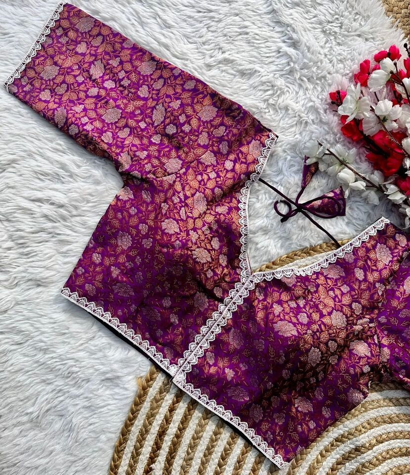 Banaras Silk Blouse Golden And Silver Jari Blouse, Ready Made Blouse image 8