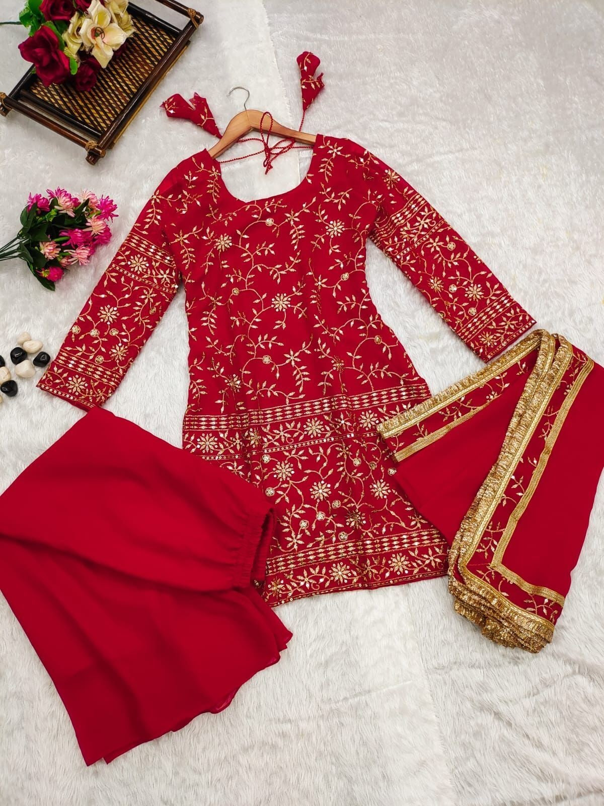 Red Blooming Georgette With Embroidery Work Top Bottom & Dupatta image 3