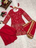 Red Blooming Georgette With Embroidery Work Top Bottom & Dupatta image 3