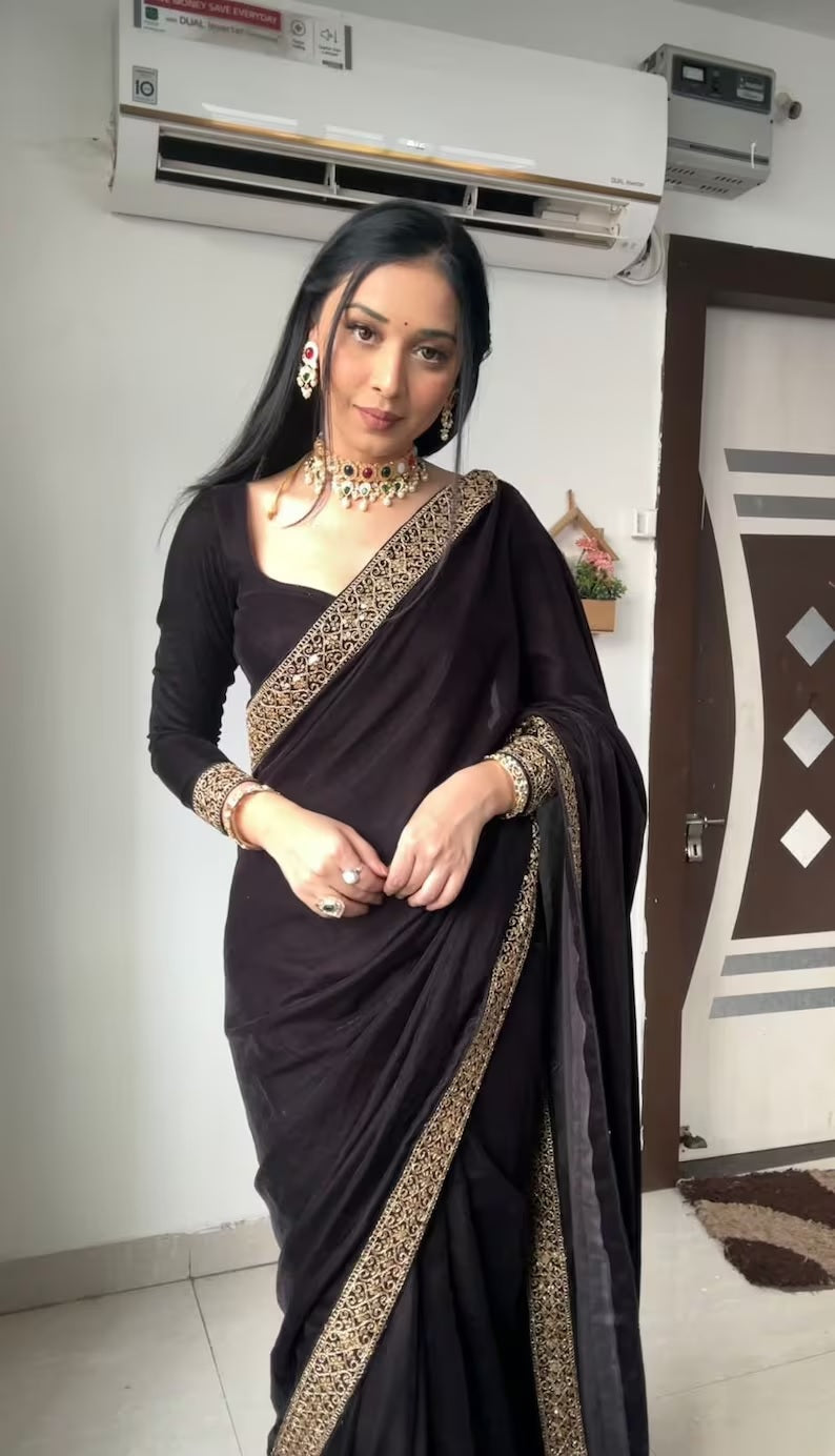 Pure Velvet With Embroidery Border Ready To Wear Saree image 8
