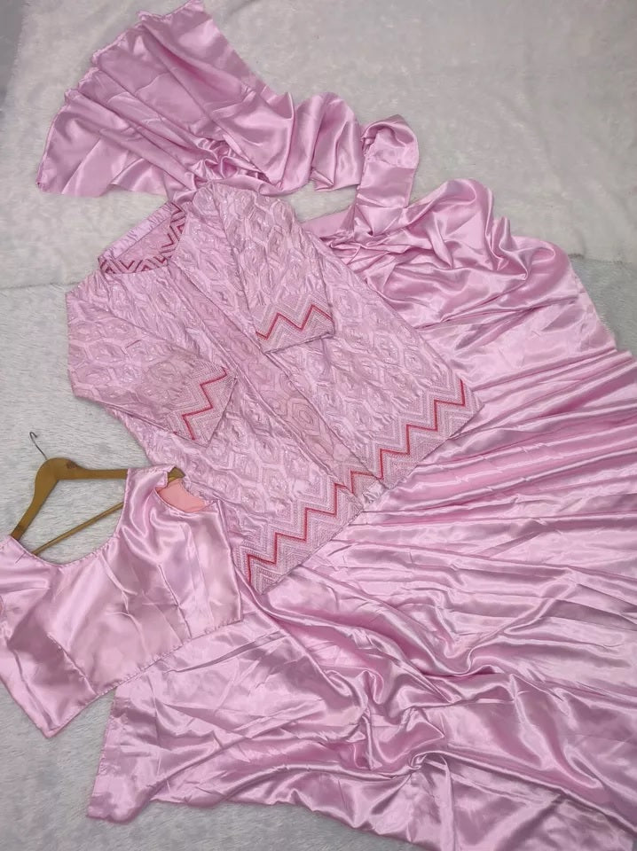 Light Pink Heavy Diamond Silk Ready To Wear Saree Blouse With Jacket image 4
