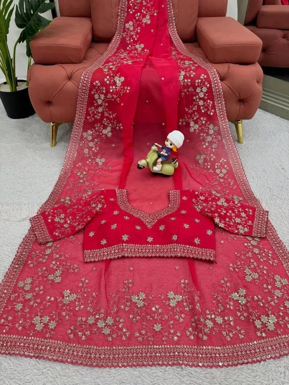 Pure Soft Rangoli With Embroidery Sequence And Zari Work Saree & Blouse image 8