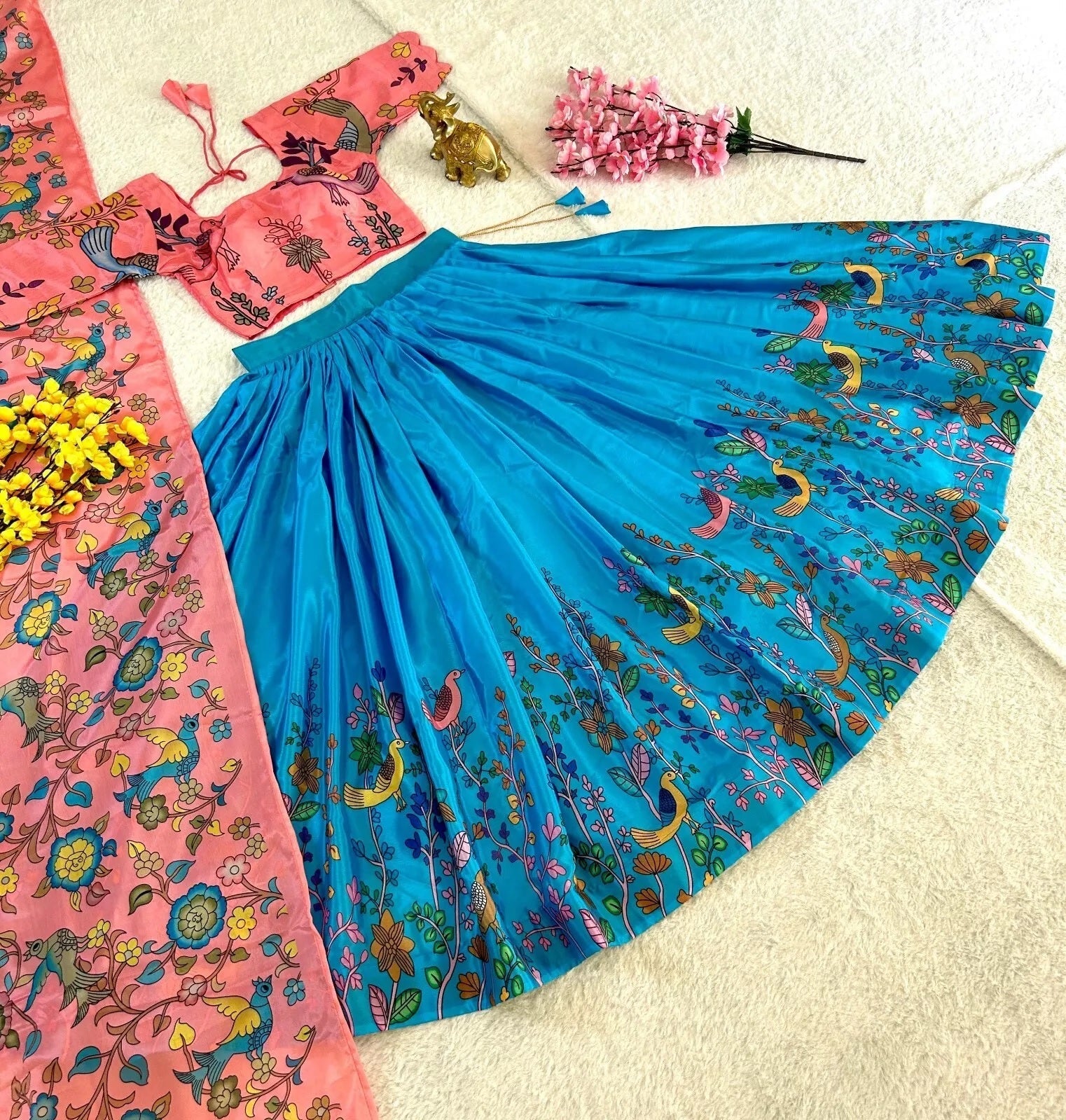 Soft Chinon Silk, Kalamkari Printed Work Lehenga Blouse With Dupatta image 4
