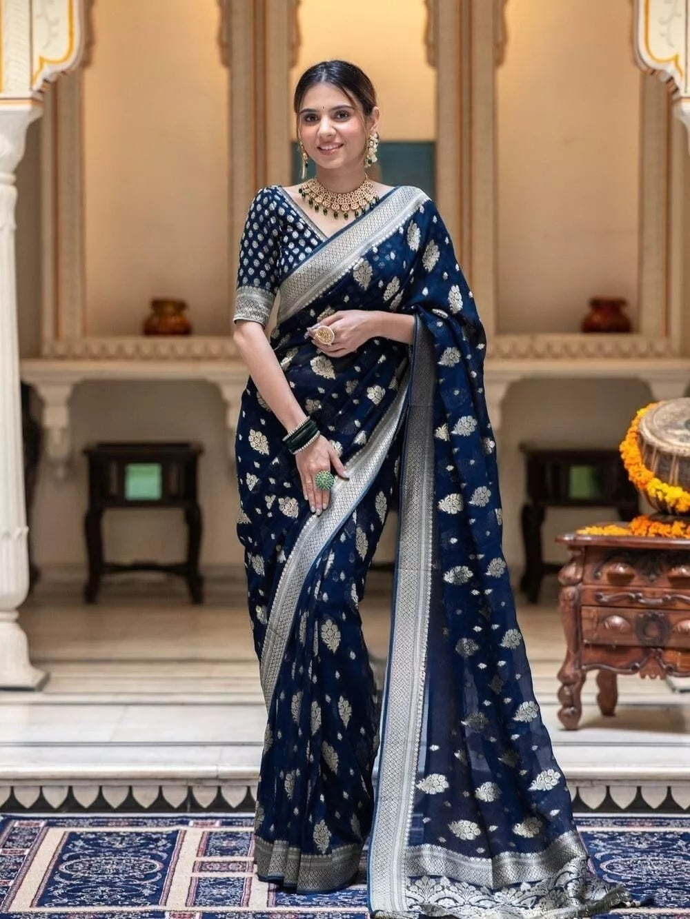 Women Navy Blue Banarasi Soft Silk Saree image 2