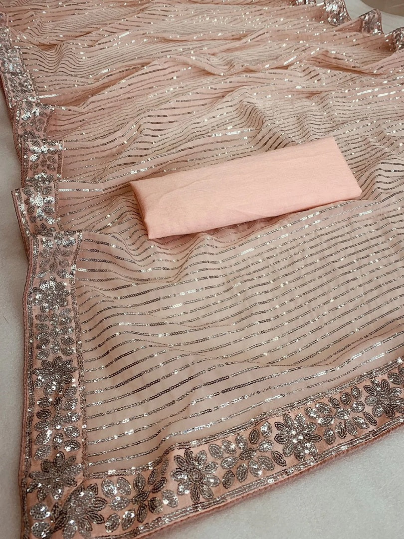Peach Georgette Embroidery Sequence Saree image 3