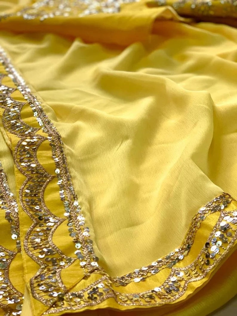 Yellow Moss chiffon & Sequence Embroidered Work Saree With Blouse image 2