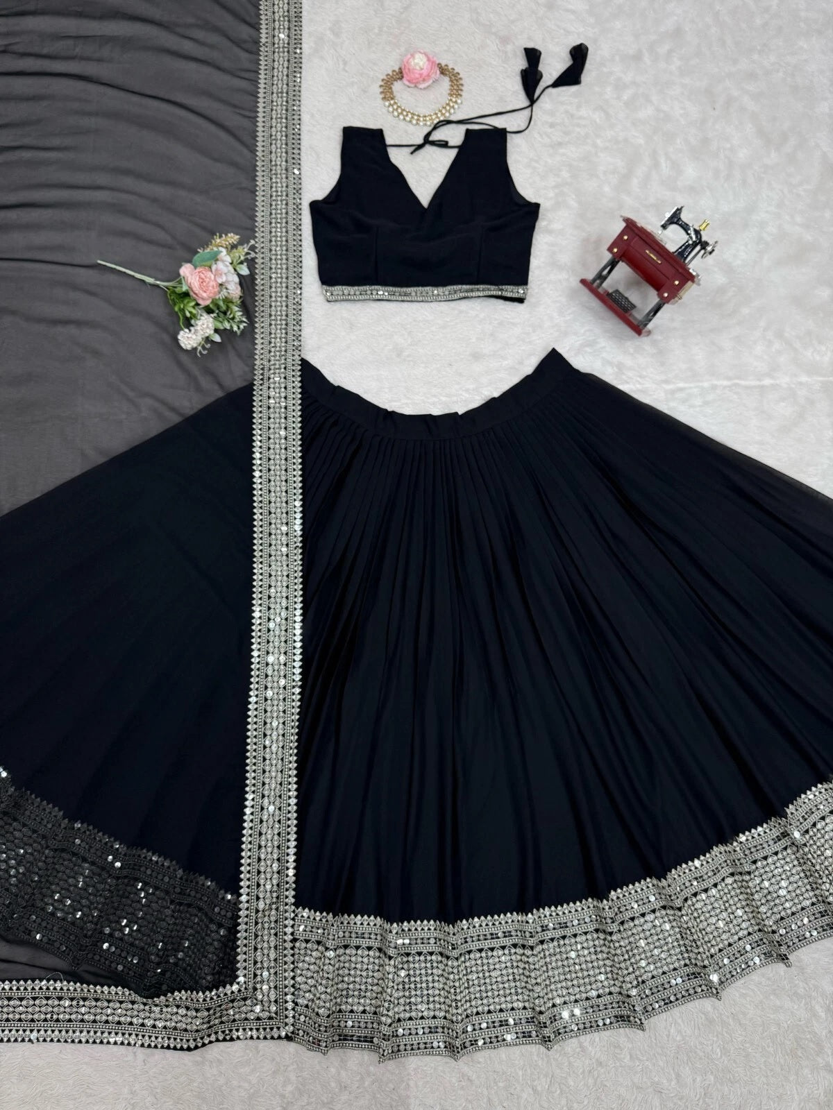 Black American Silk Lehenga Blouse & Dupatta For Women's image 9