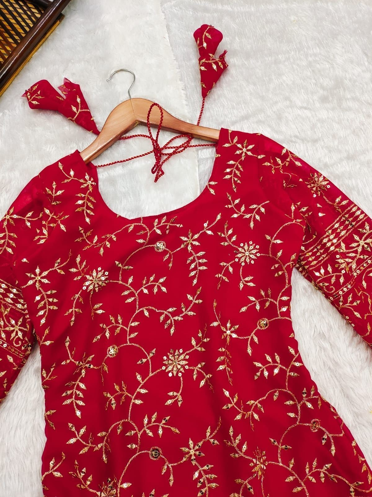 Red Blooming Georgette With Embroidery Work Top Bottom & Dupatta image 4