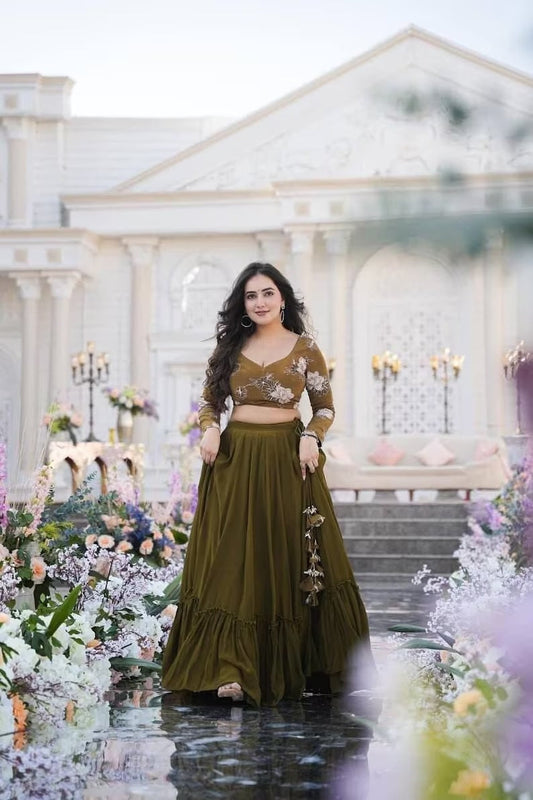 Mehendi Blooming Georgette Full Stitched Crop Top Choli image 1