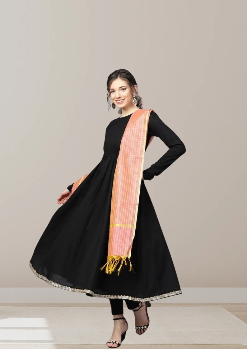 Black Pure Cotton Long Salwar Kameez With Dupatta image 1