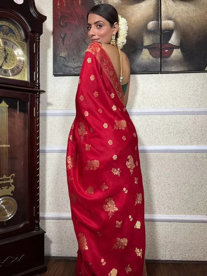 Red  Banarasi Soft Silk Saree image 4