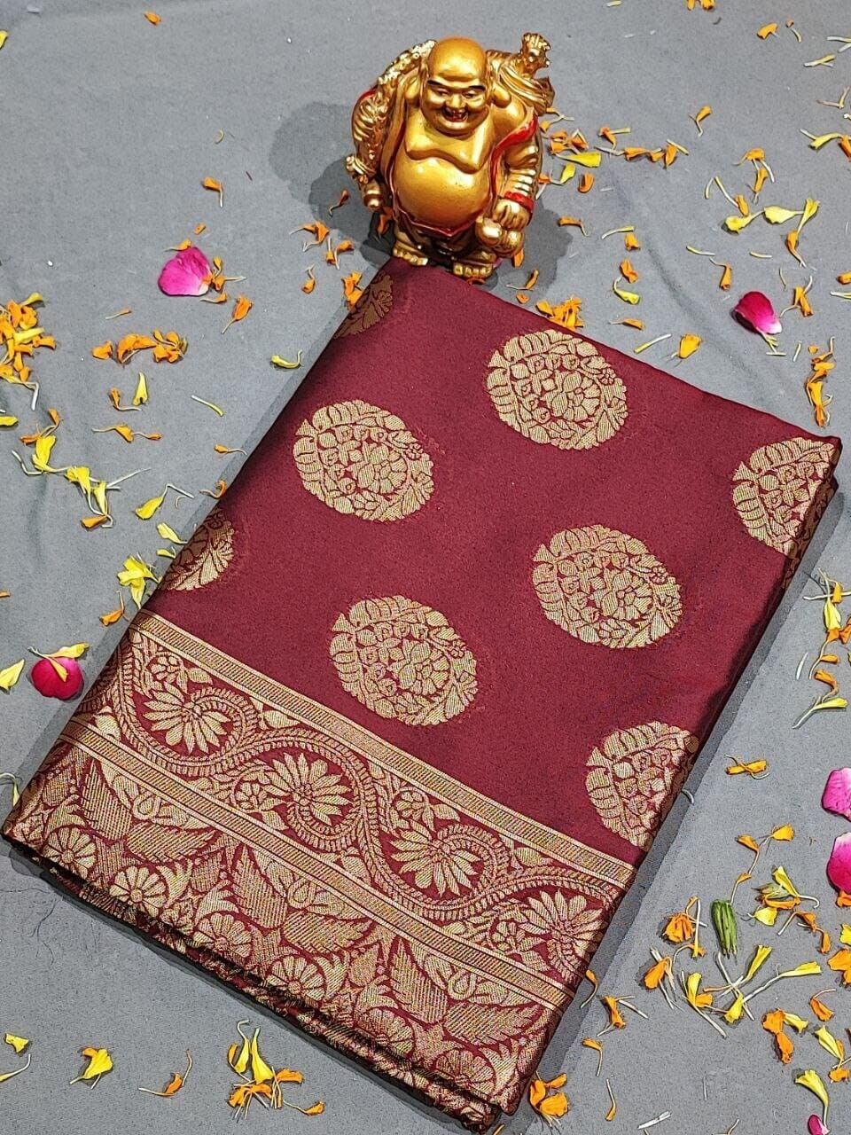 Maroon Soft Lichi Silk Saree With Unstitched Blouse image 9