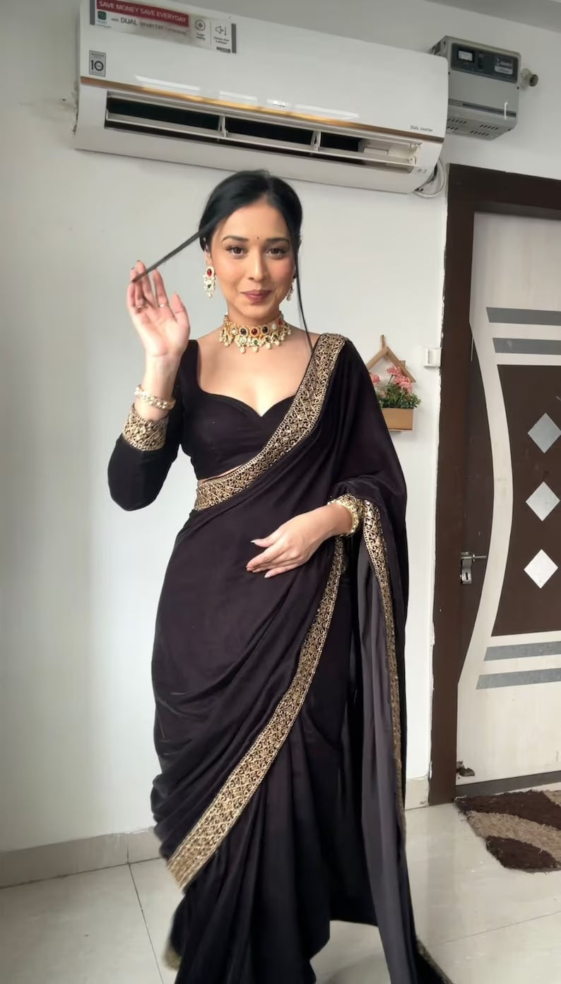 Pure Velvet With Embroidery Border Ready To Wear Saree image 9