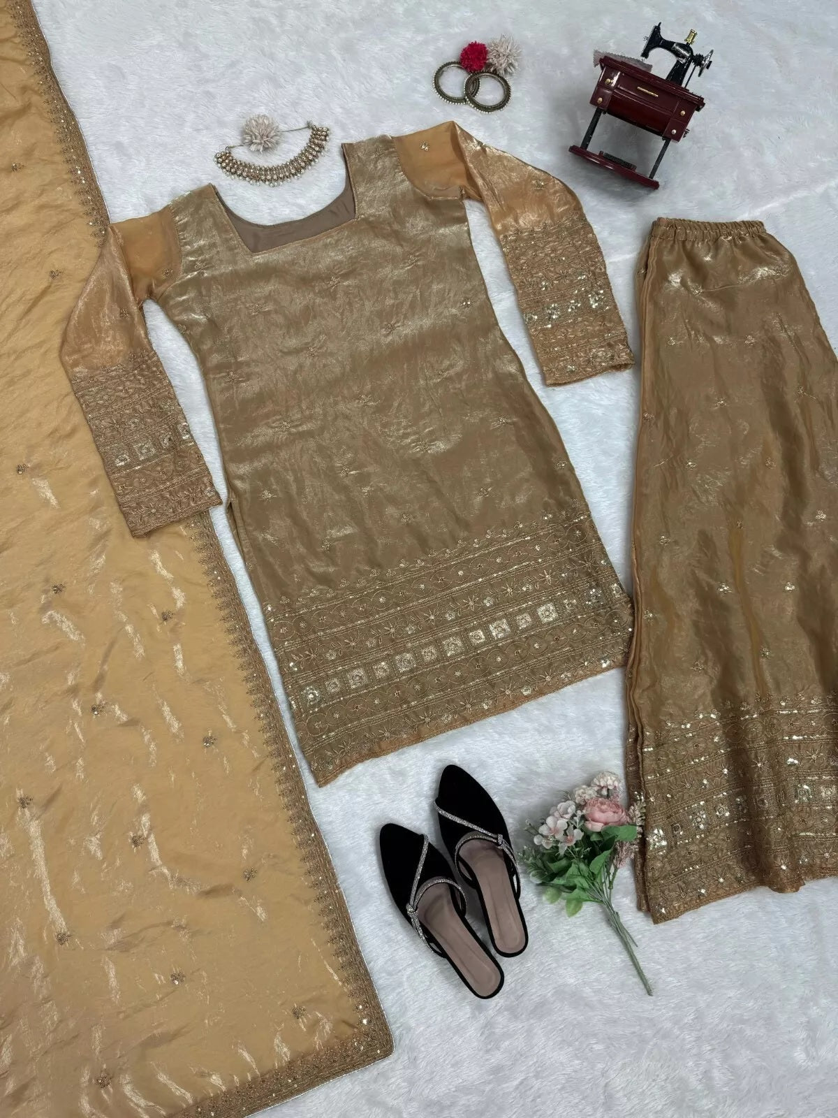 Fancy Satin With Sequence Work Top Palazzo & Dupatta image 9
