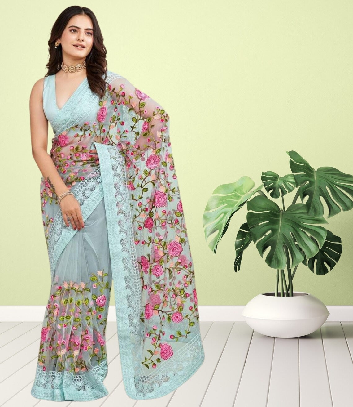 Soft Net Chikankari Embroidery Design Saree With Blouse image 9