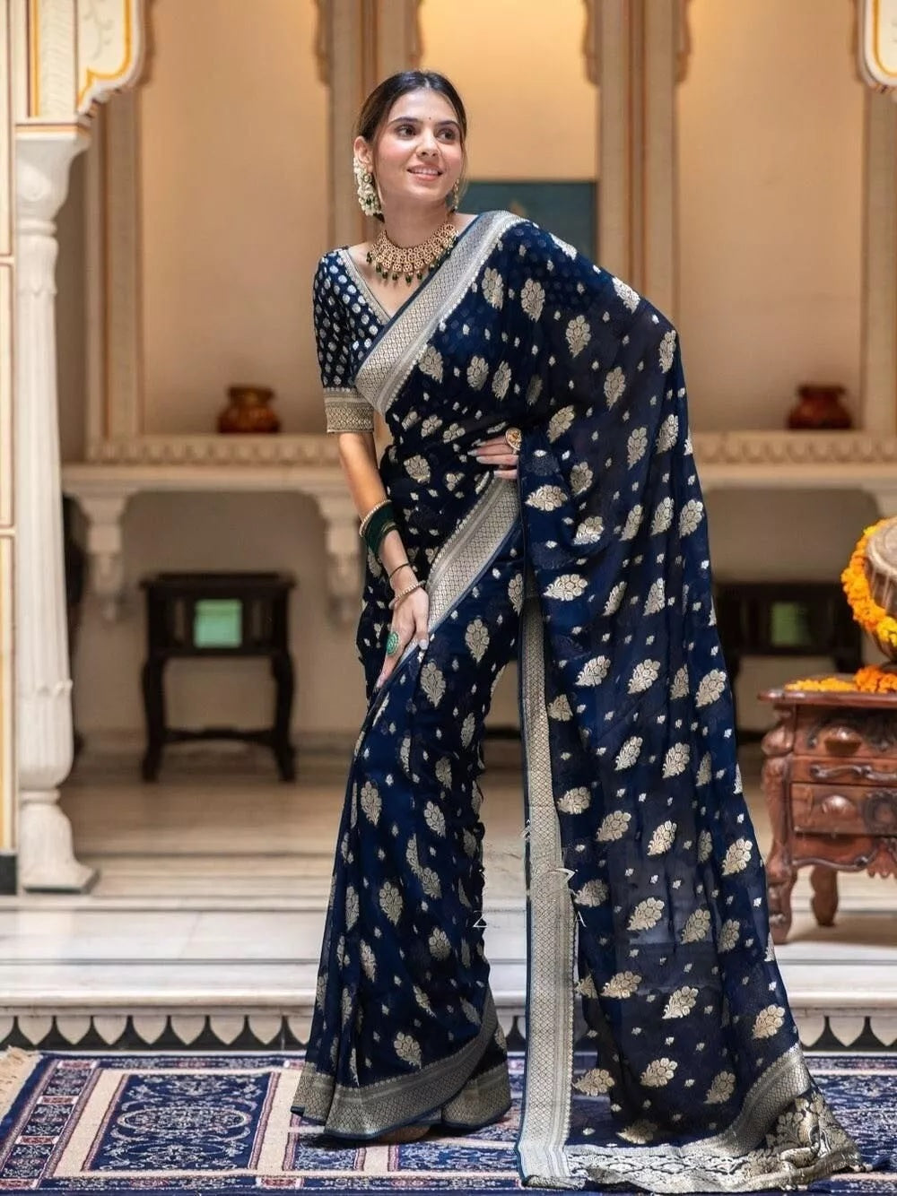 Women Navy Blue Banarasi Soft Silk Saree image 3