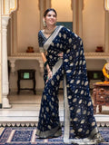Women Navy Blue Banarasi Soft Silk Saree image 3