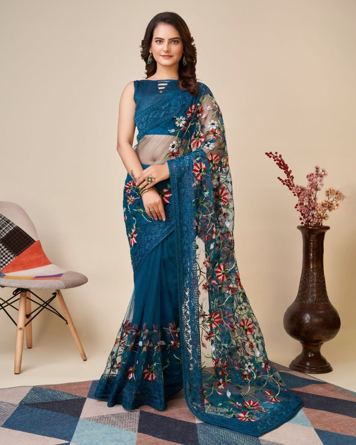 Soft Net With Embroidery Design Work Saree With Blouse image 9