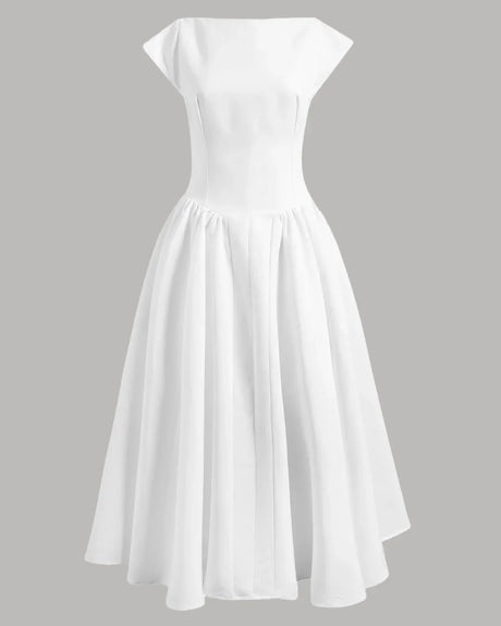 Cap Sleeve Fit & Flare A-Line Midi Dress in White image 2