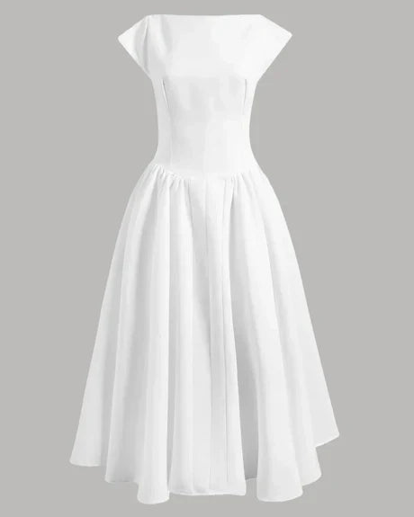 Cap Sleeve Fit & Flare A-Line Midi Dress in White image 1