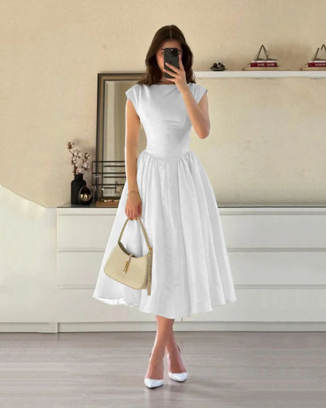 Cap Sleeve Fit & Flare A-Line Midi Dress in White image 1