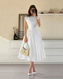 Cap Sleeve Fit & Flare A-Line Midi Dress in White image 1