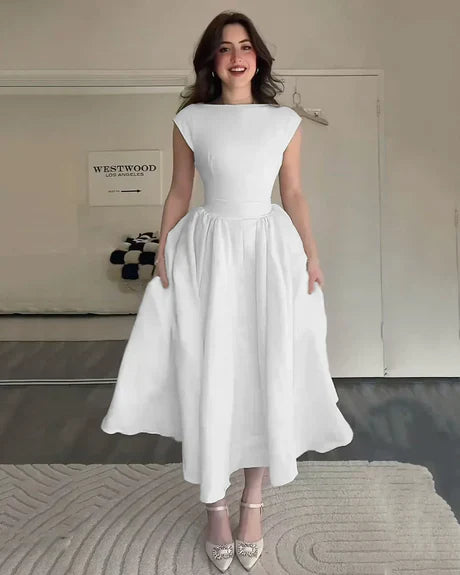 Cap Sleeve Fit & Flare A-Line Midi Dress in White image 2