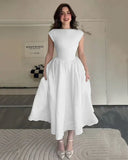 Cap Sleeve Fit & Flare A-Line Midi Dress in White image 2