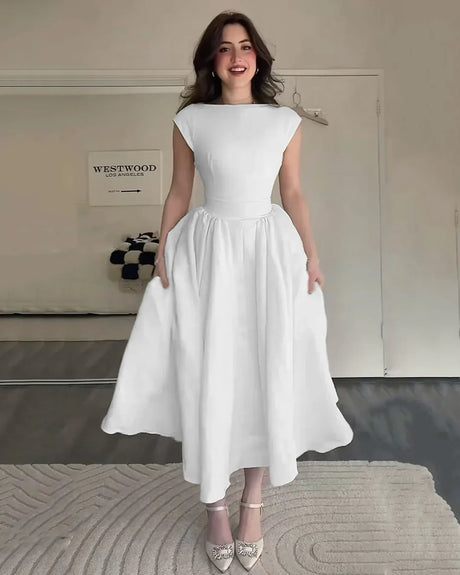 Cap Sleeve Fit & Flare A-Line Midi Dress in White image 3
