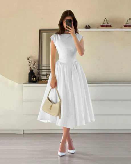 Cap Sleeve Fit & Flare A-Line Midi Dress in White image 3